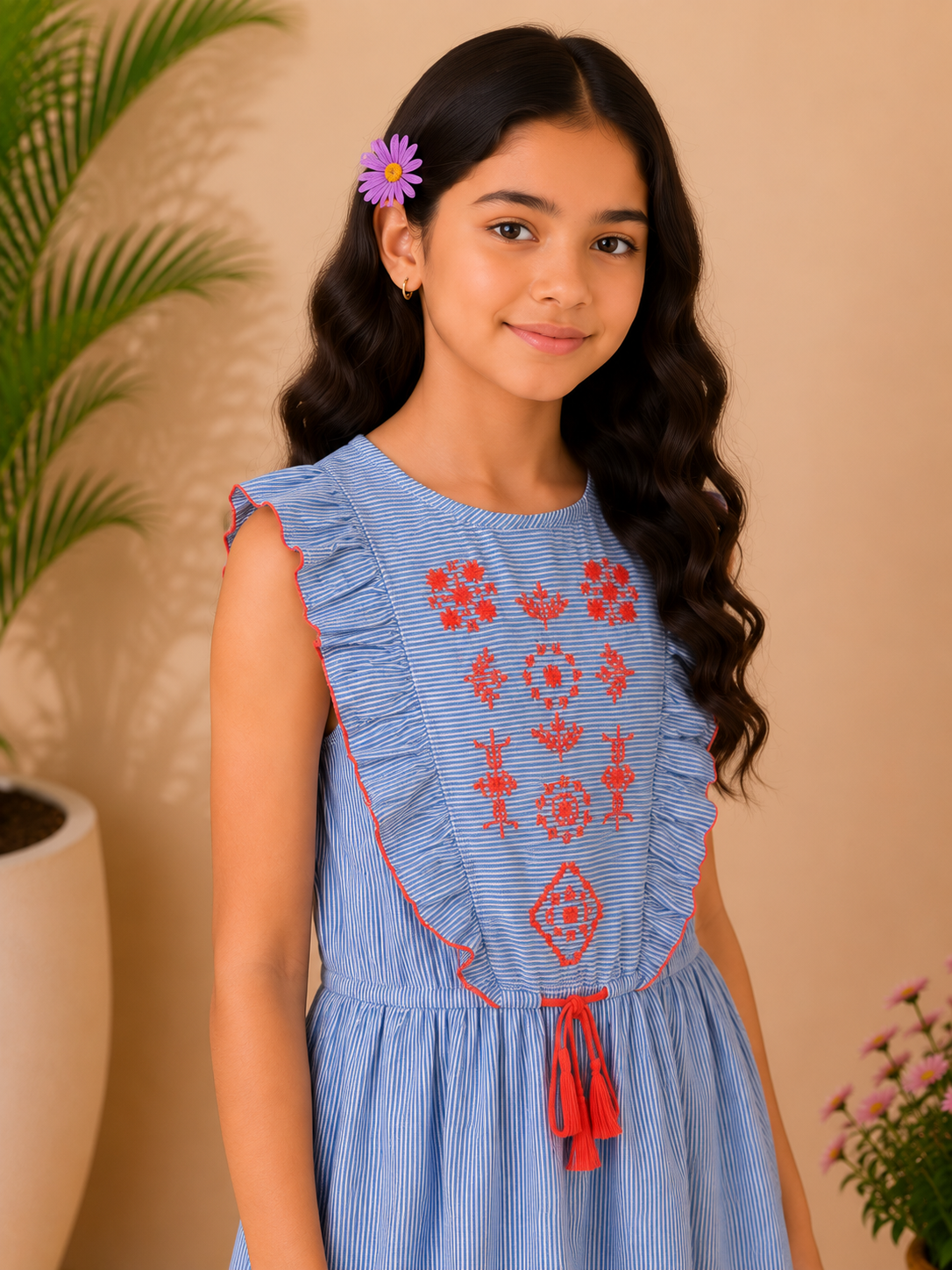 Girls Blue Striped Embroidered Dress