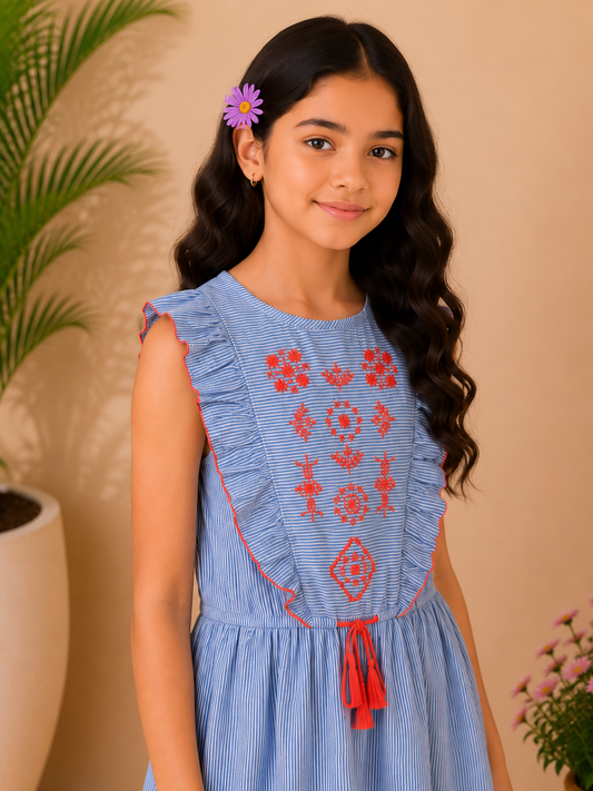 Girls Blue Striped Embroidered Dress