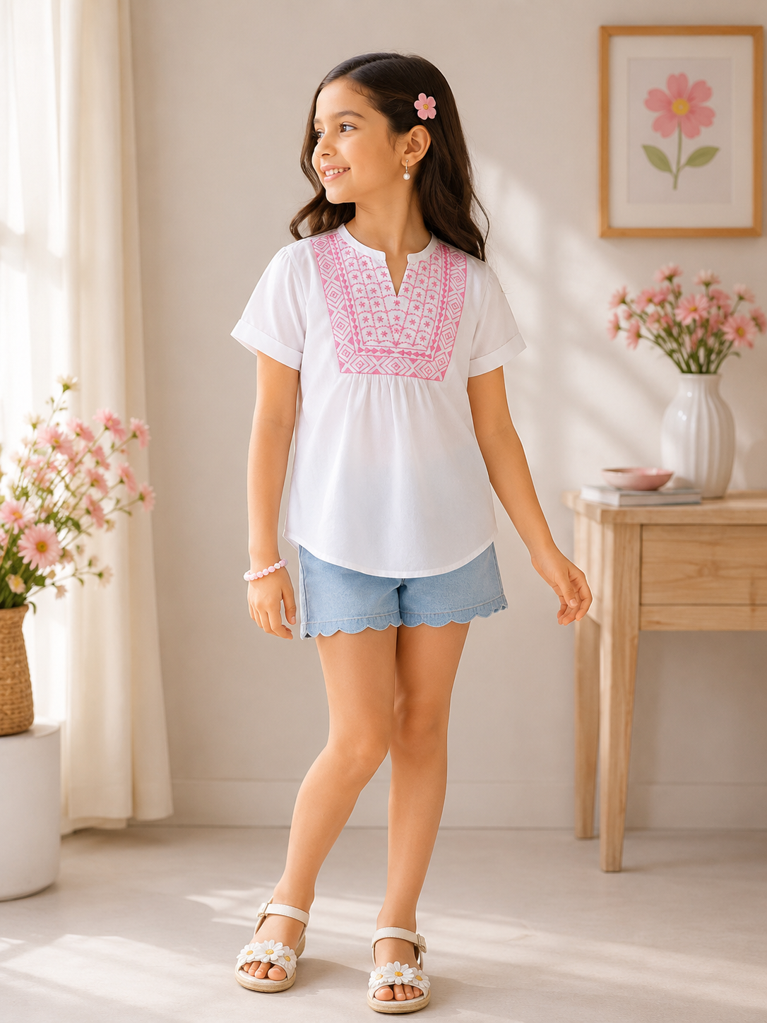 Girls White Embroidered Casual Top