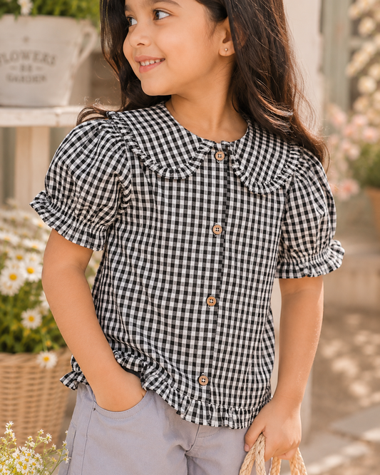 Girls Checked Collar Top
