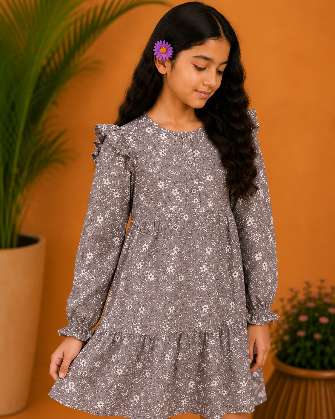 Girls Floral Print Ruffle Sleeve Dress
