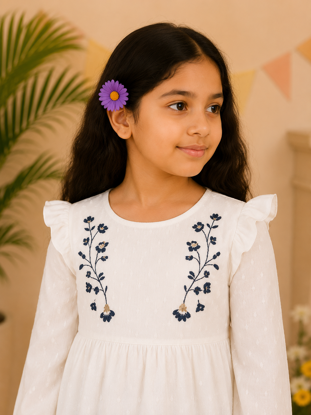 Girls White Embroidered Full Sleeve Top