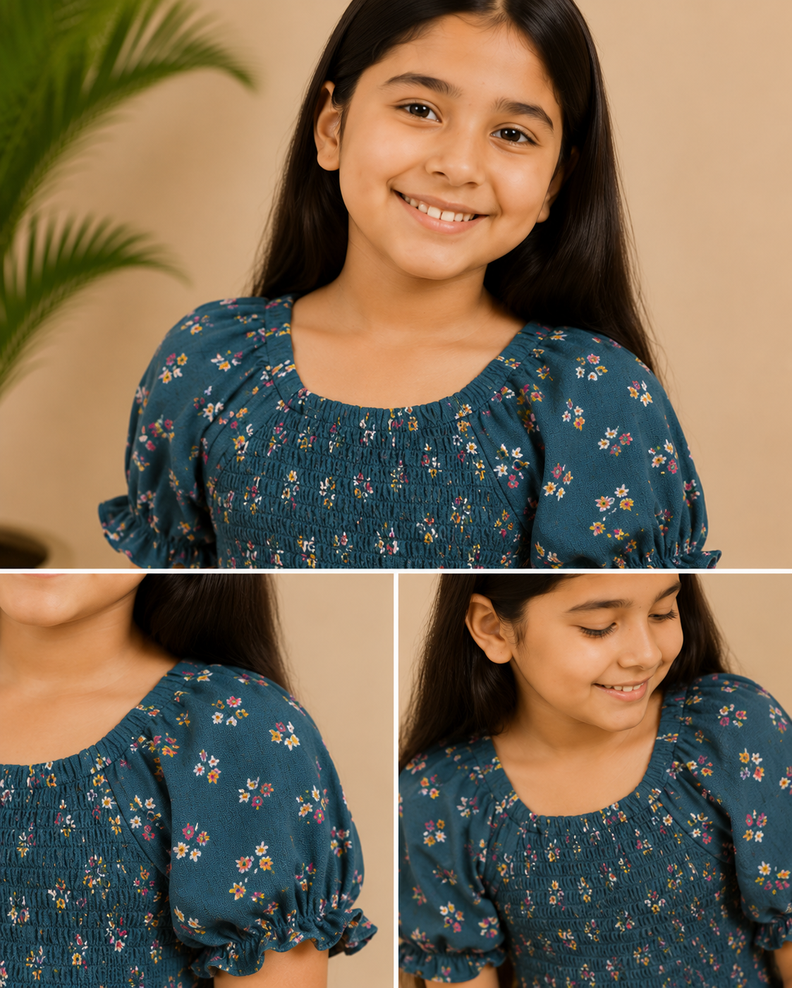 Girls Blue Smocked Floral Dress