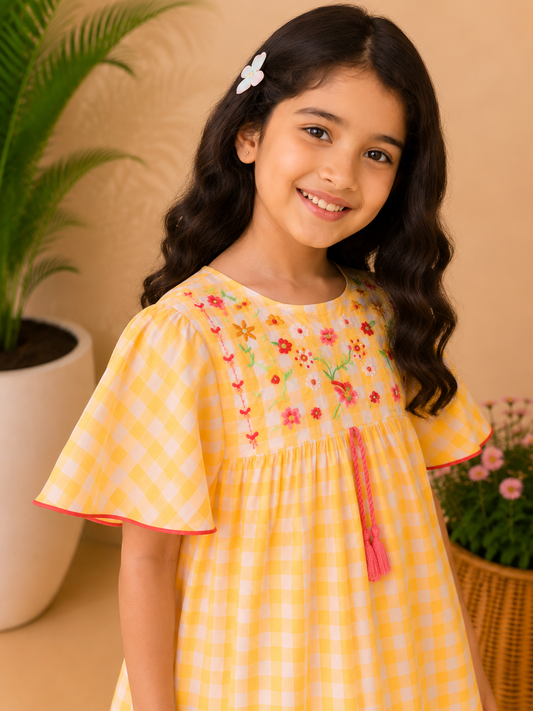 Girls Yellow Checked Embroidered Dress