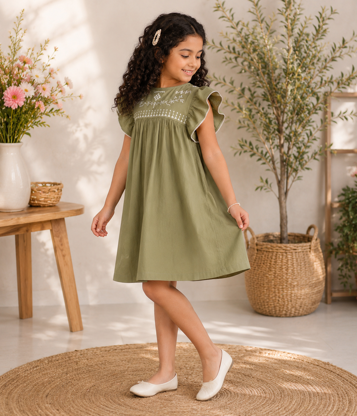 Girls Olive Green Embroidered Dress