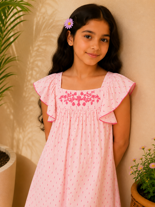 Girls Pink Embroidered Flutter Sleeve Dress