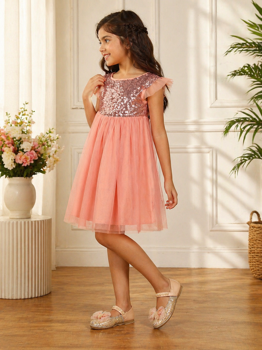 Girls Peach Layered Net Dress