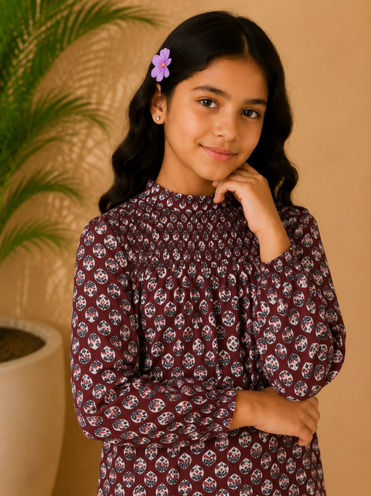 Girls Smocked Floral Printed Shift Dress