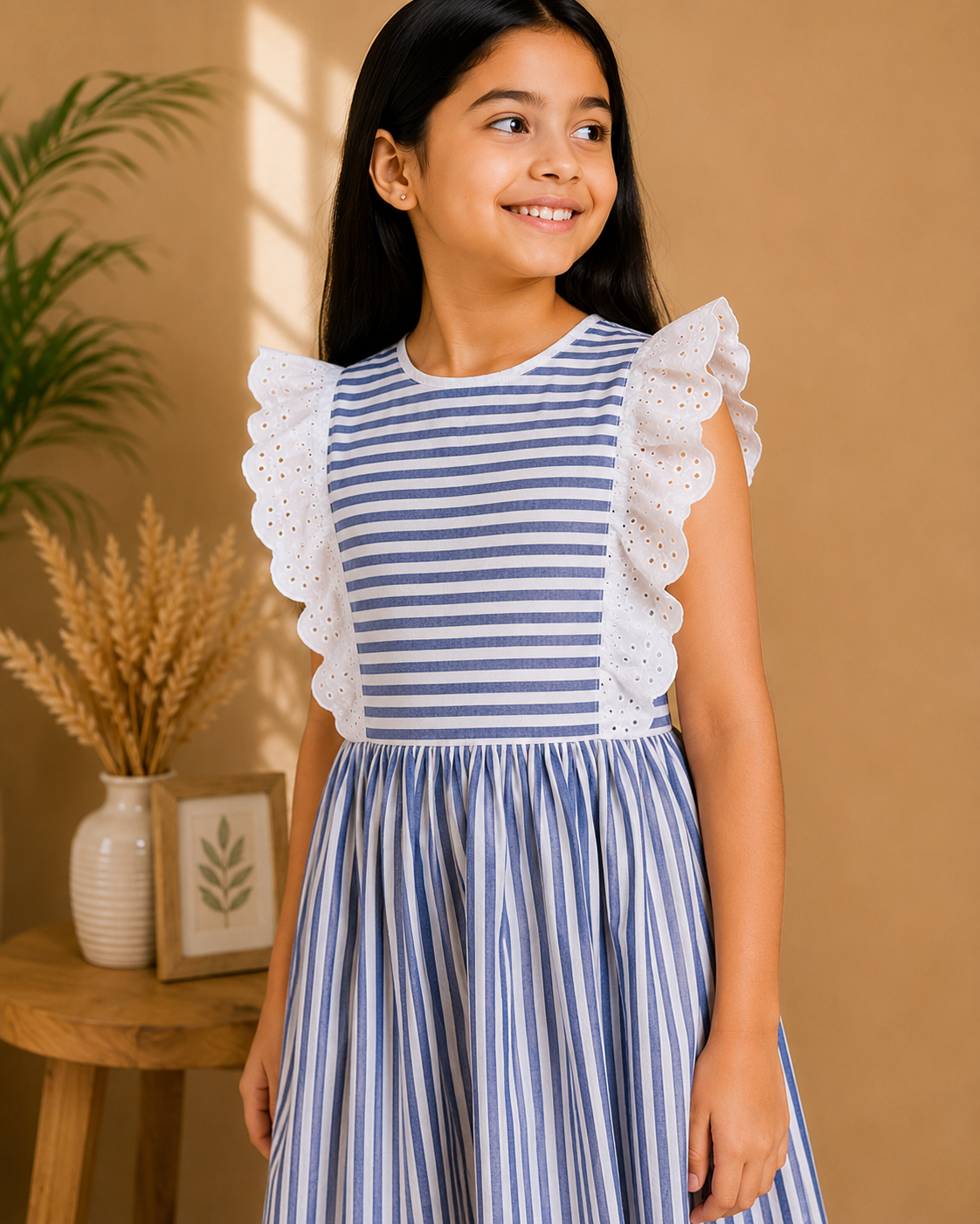 Girls Blue Striped Lace Sleeve Dress