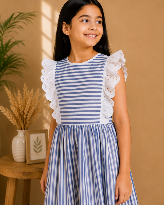 Girls Blue Striped Lace Sleeve Dress