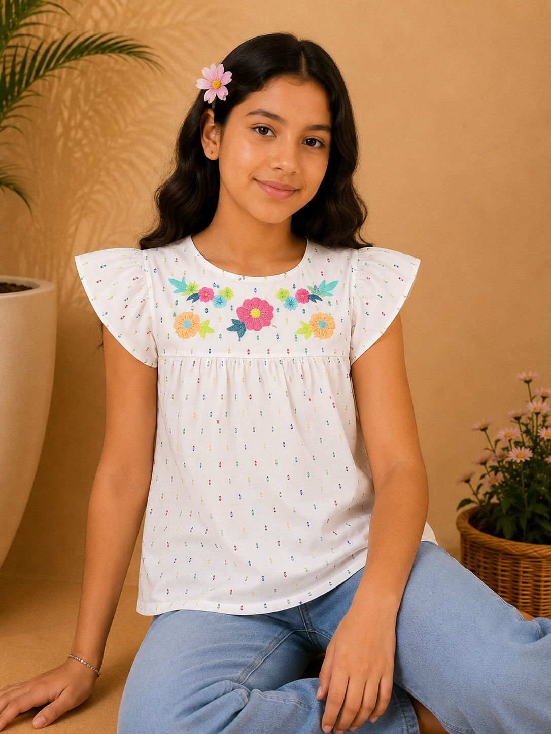 Girls Floral Embroidered Flutter Sleeve Top