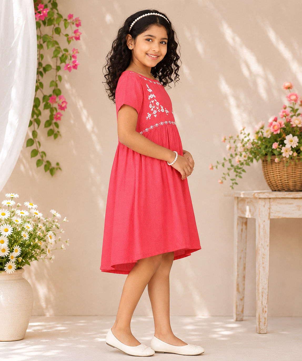 Girls Dark Pink Embroidered Gathered Dress