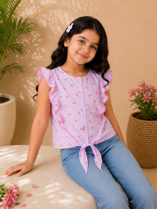 Girls Pink Printed Tie-Up Casual Top