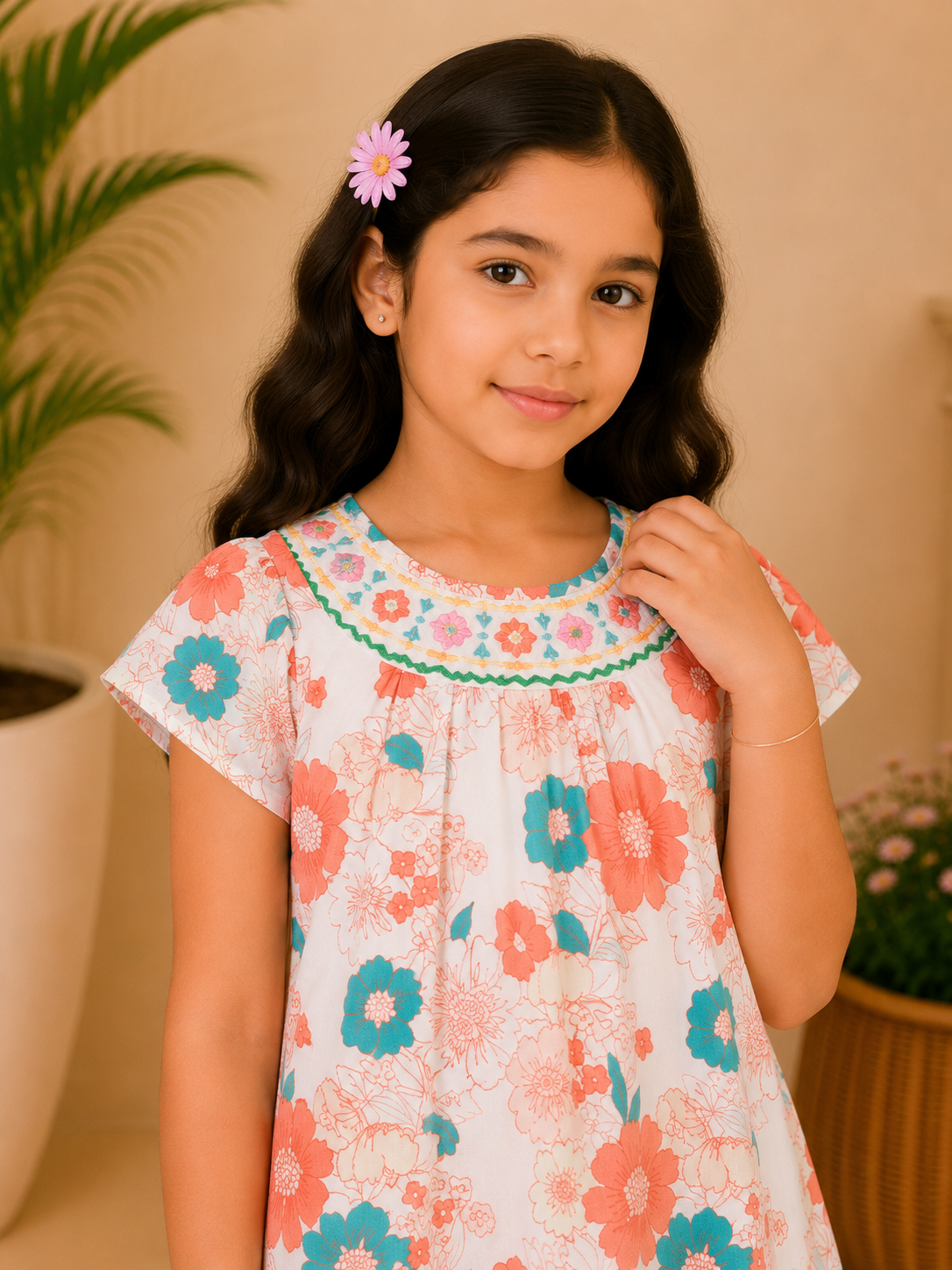 Girls Peach Floral Printed Dress