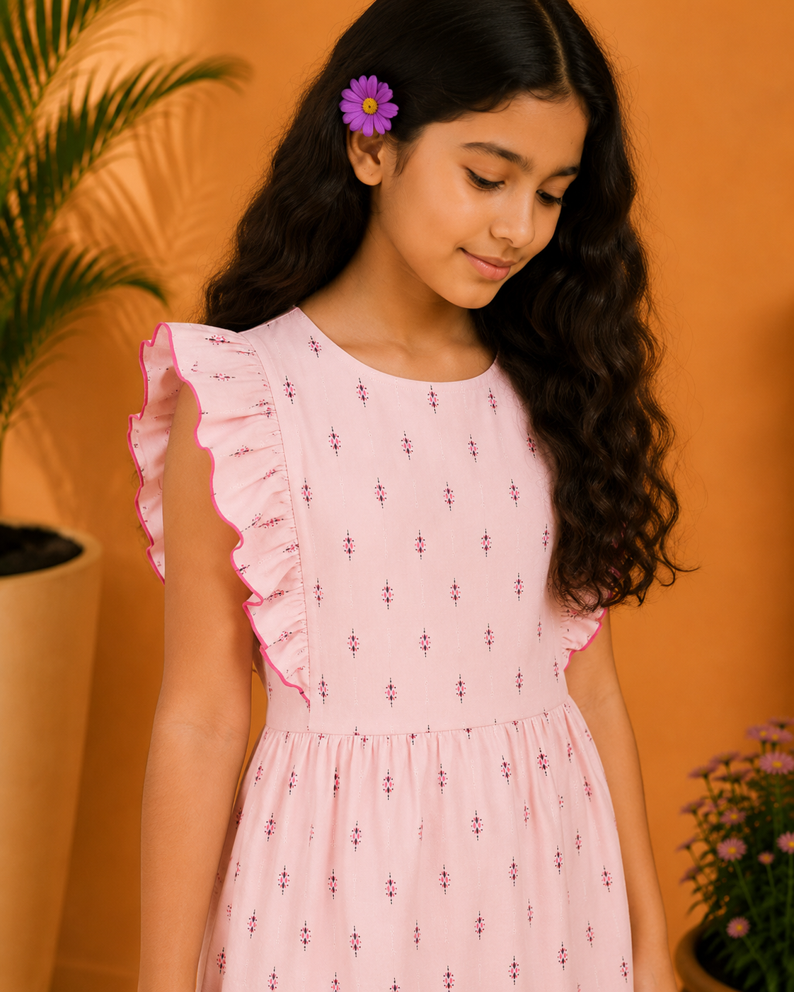 Girls Printed Ruffle Sleeve Dress