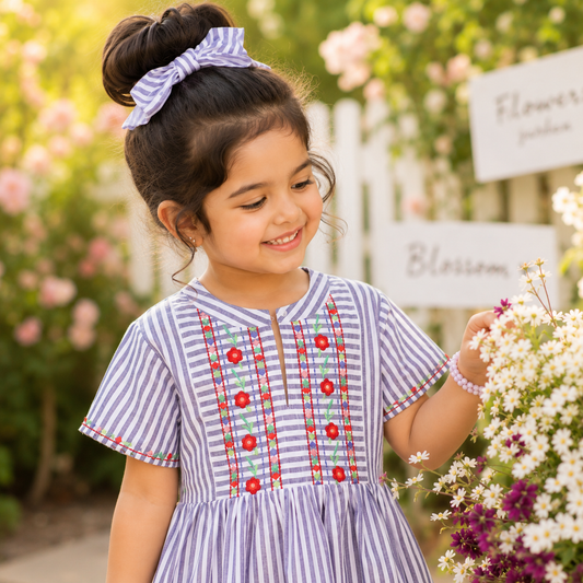 Girls Striped Embroidered Dress