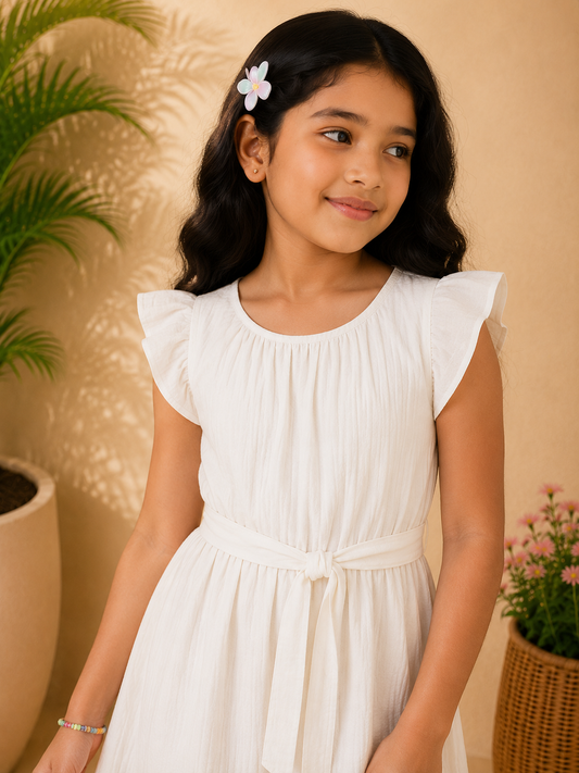 Girls White Flutter Sleeve Dress