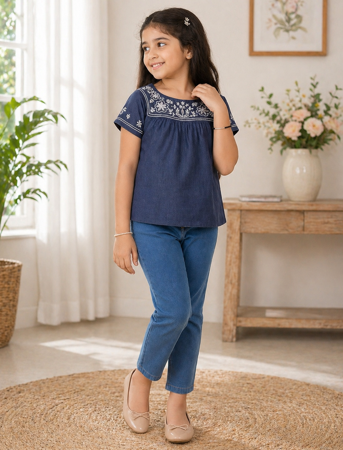 Girls Denim Look Embroidered Top