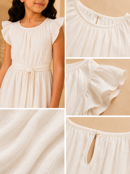 Girls White Flutter Sleeve Dress