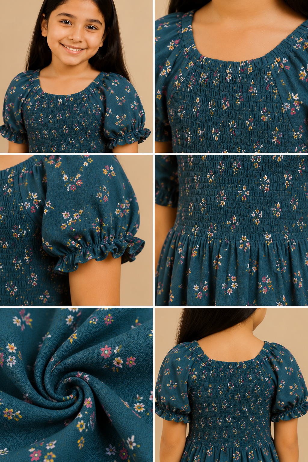 Girls Blue Smocked Floral Dress