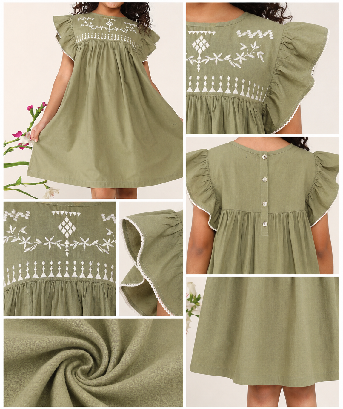 Girls Olive Green Embroidered Dress