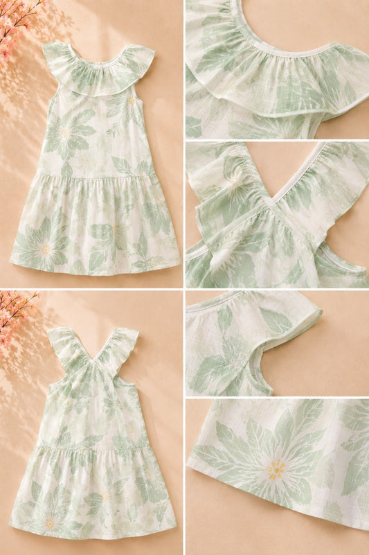 Girls Green Floral Printed Ruffle Neck Fit & Flare Dress