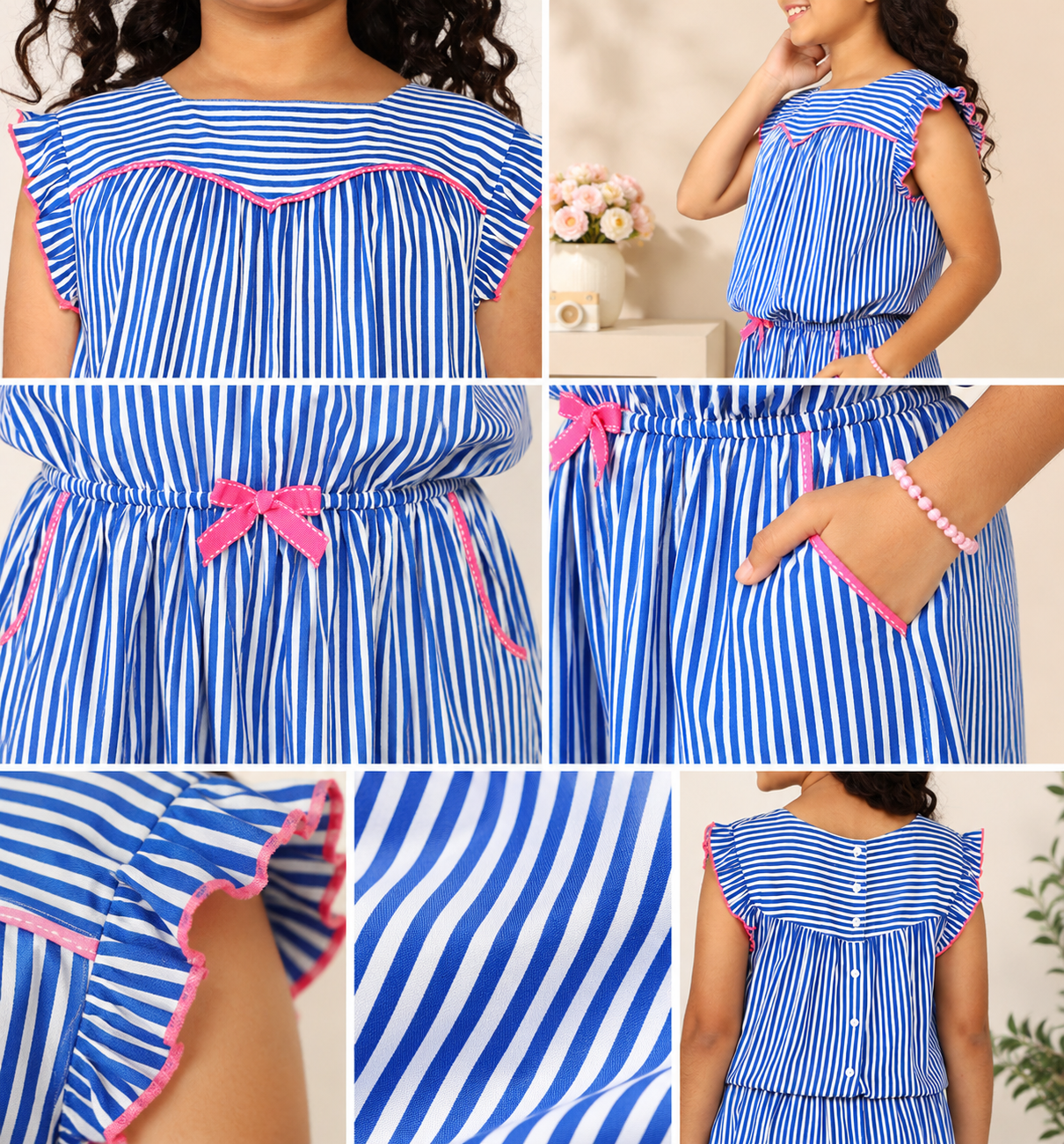 Girls Blue Striped Ruffle Sleeve Dress
