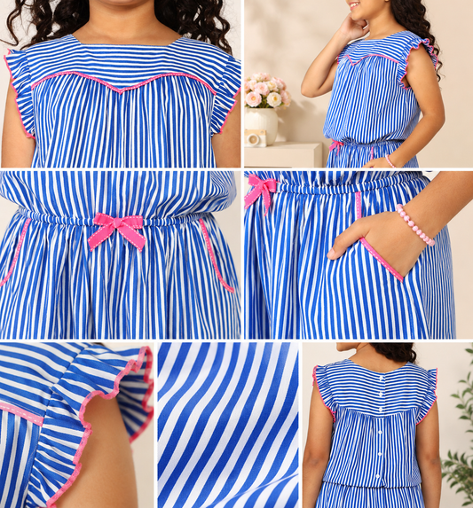 Girls Blue Striped Ruffle Sleeve Dress