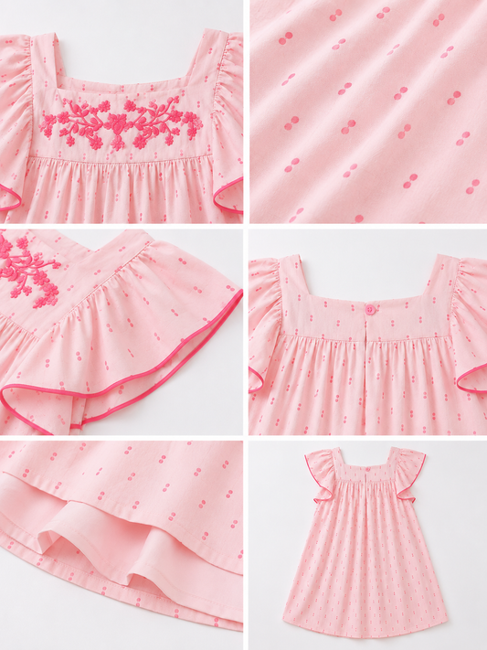 Girls Pink Embroidered Flutter Sleeve Dress