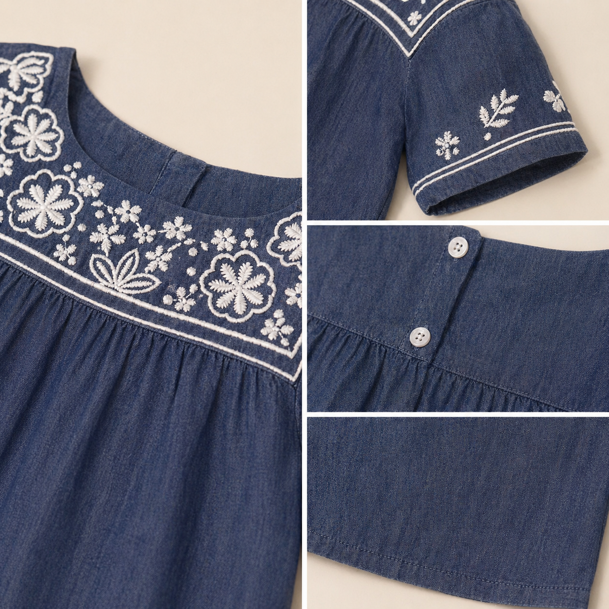 Girls Denim Look Embroidered Top
