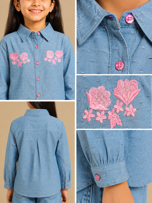 Girls Blue Embroidered Collared Casual Top