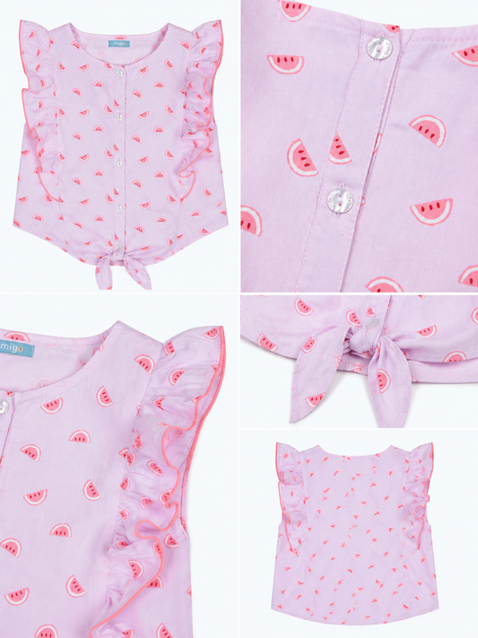 Girls Pink Printed Tie-Up Casual Top