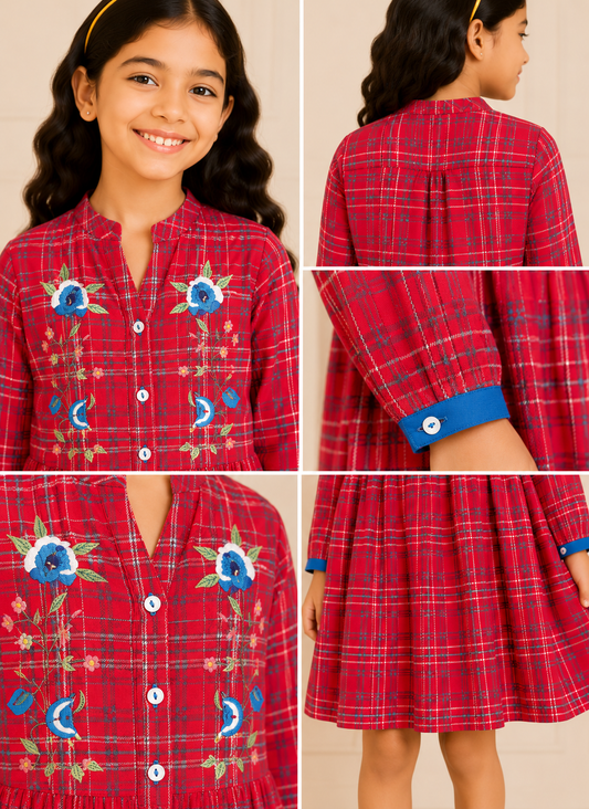 Girls Pink Checked Fit & Flare Dress