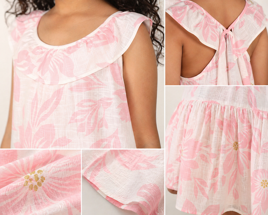 Girls Pink Floral Printed Ruffle Neck Fit & Flare Dress