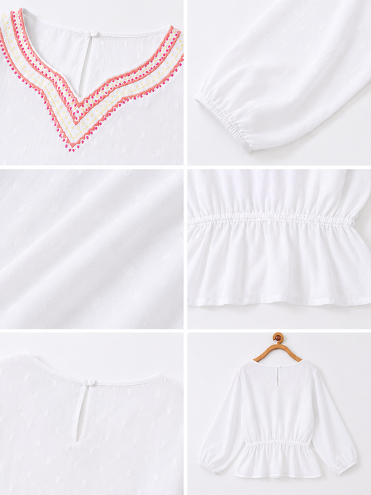 Girls White Embroidered Casual Top