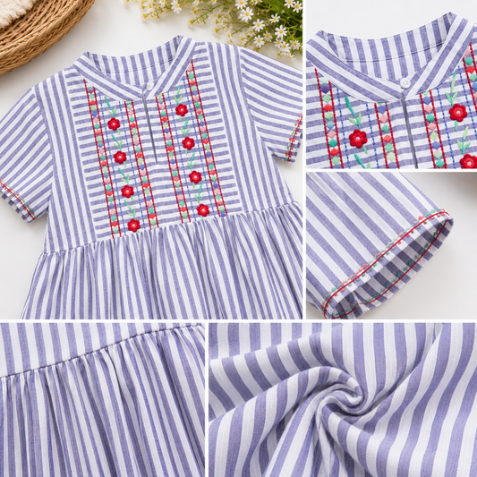 Girls Striped Embroidered Dress