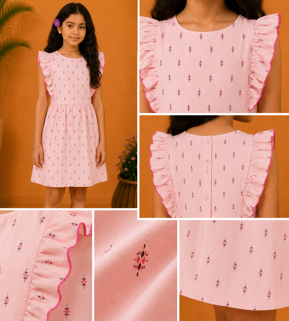 Girls Printed Ruffle Sleeve Dress