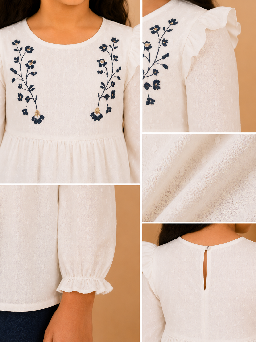 Girls White Embroidered Full Sleeve Top