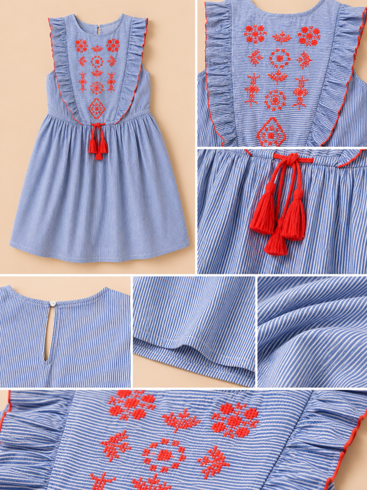 Girls Blue Striped Embroidered Dress
