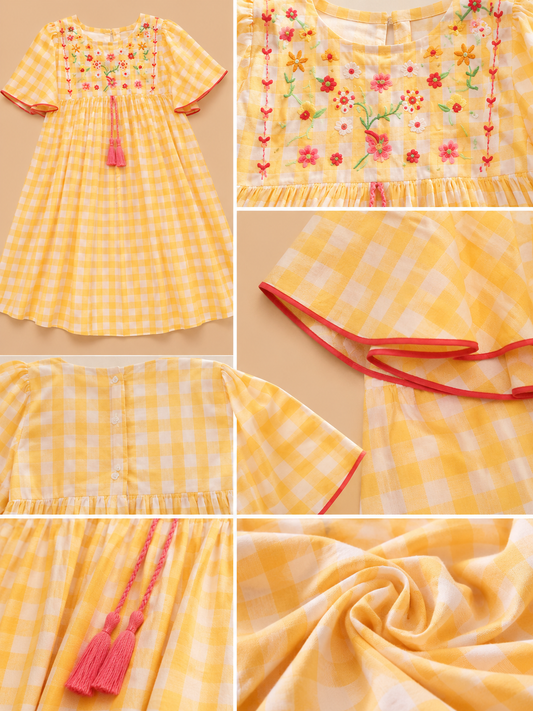 Girls Yellow Checked Embroidered Dress