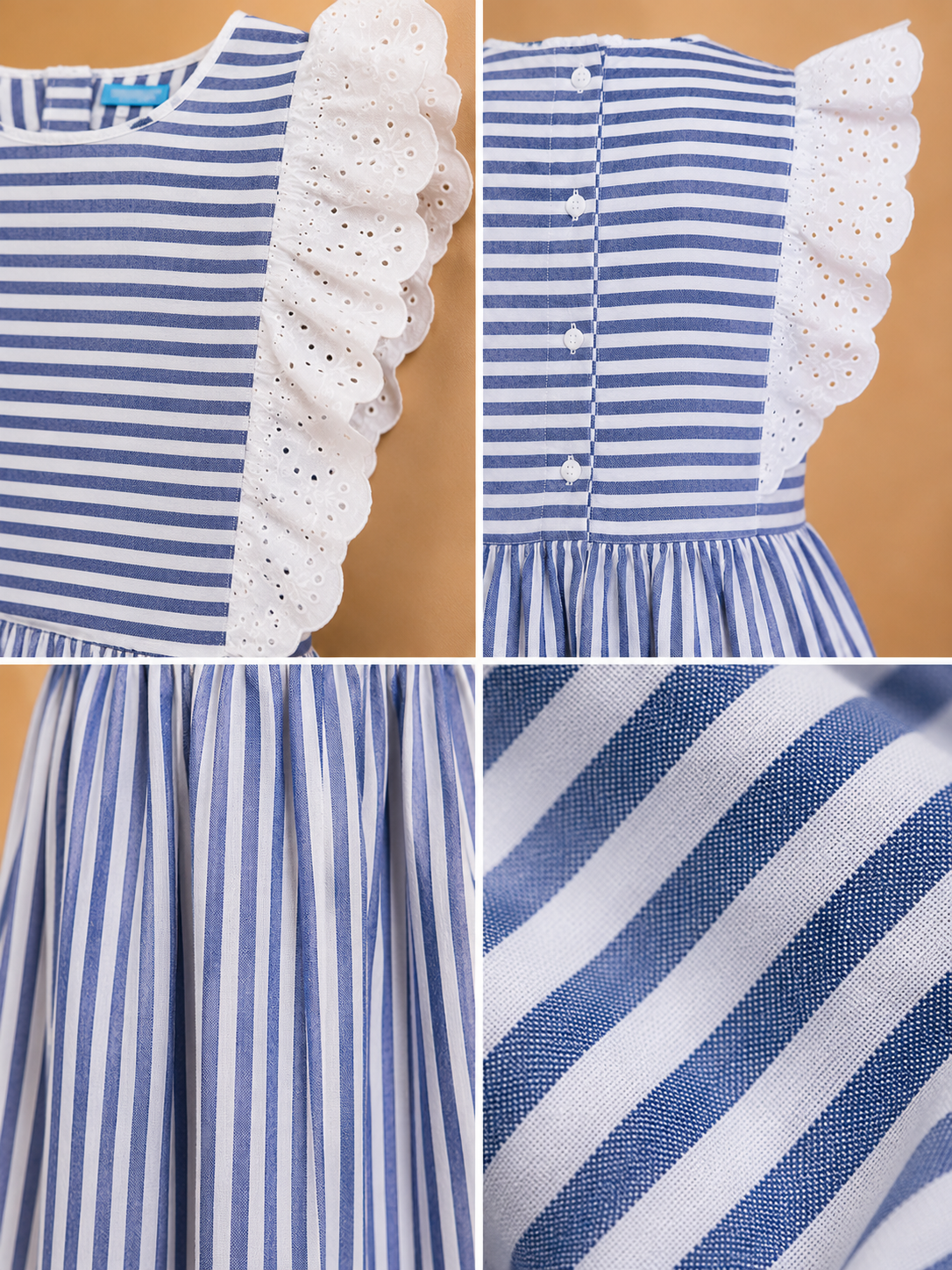 Girls Blue Striped Lace Sleeve Dress