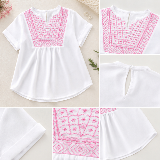 Girls White Embroidered Casual Top