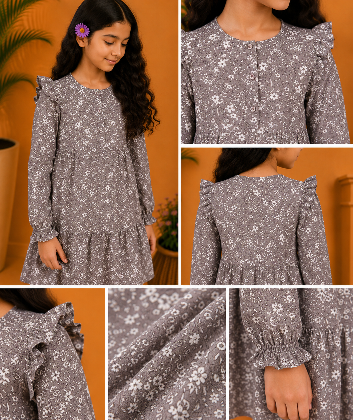 Girls Floral Print Ruffle Sleeve Dress