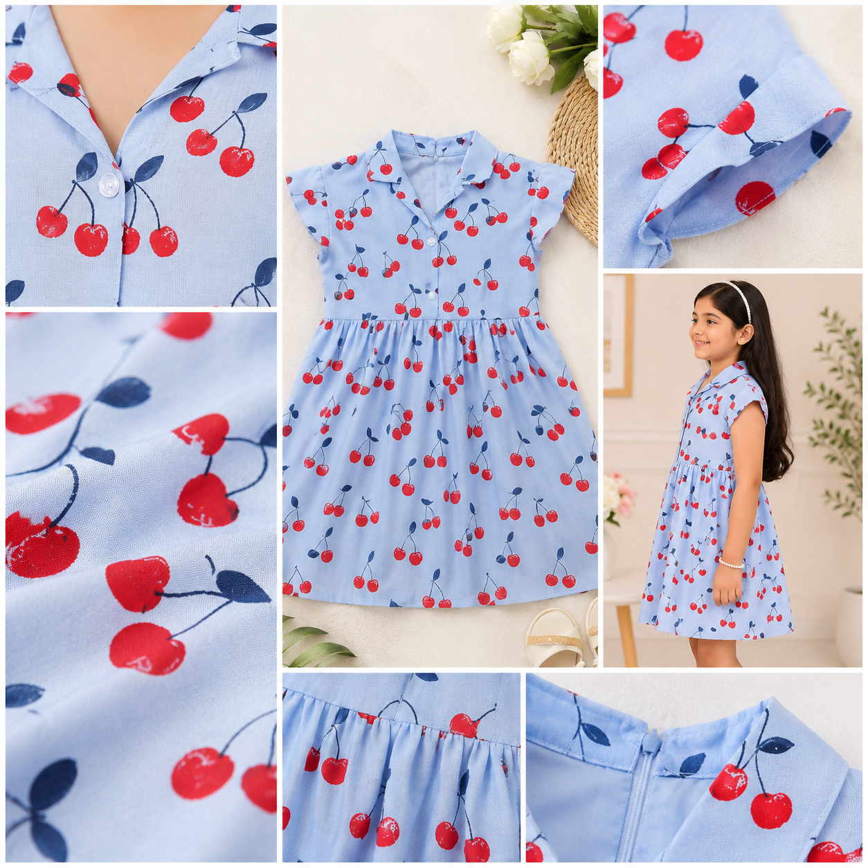 Girls Cherry Print Collar Neck Dress