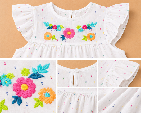 Girls Floral Embroidered Flutter Sleeve Top
