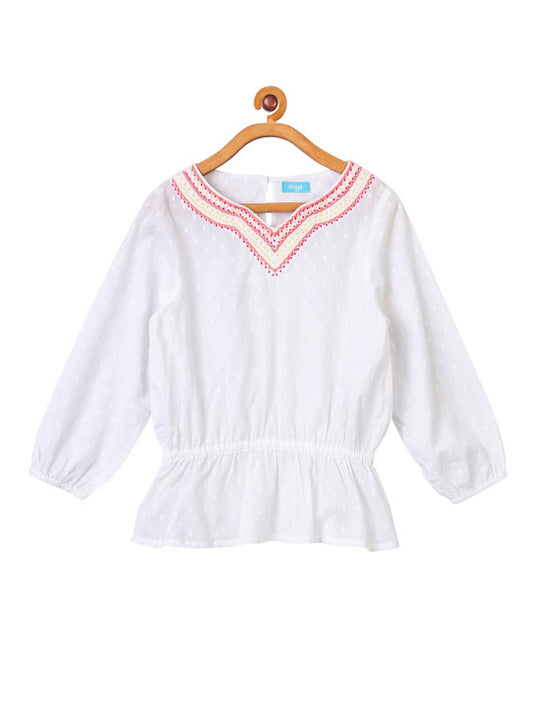 Girls White Embroidered Casual Top