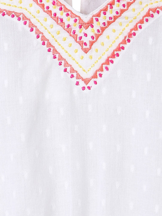 Girls White Embroidered Casual Top