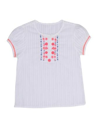 Girls White Floral Embroidered Casual Cotton Top