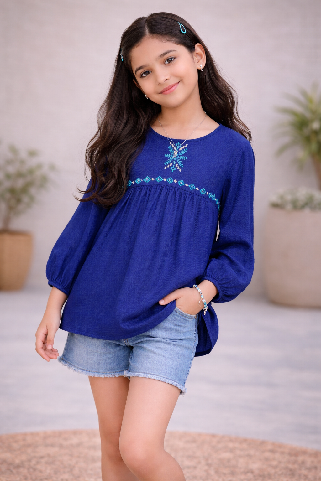 Girls Embroidered Blue Top