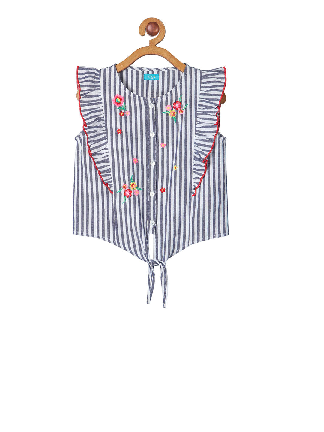 Girls Striped Floral Embroidered Top